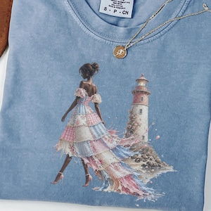 Patchwork Lighthouse T-Shirt, Cottagecore Quilt Dress Tee, Coquette Fashion Shirt, Feminine Patchwork Art Shirt, Gift for Her