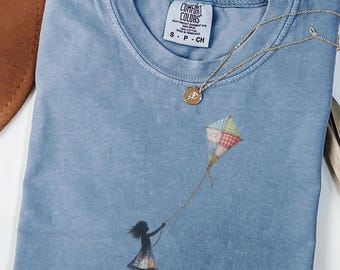 Patchwork Kite Girl Shirt, Whimsical Cottagecore Graphic Tee, Comfort Colors Cotton