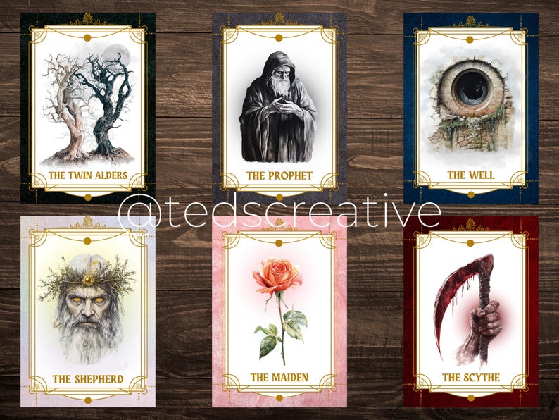 Pode incluir: Seis cartas de tar&ocirc; com molduras douradas e t&iacute;tulos. As cartas apresentam ilustra&ccedil;&otilde;es de uma &aacute;rvore, uma figura vestida, um po&ccedil;o, um homem barbudo, uma rosa e uma m&atilde;o segurando uma foice. O texto "@tedscreative" est&aacute; no centro.