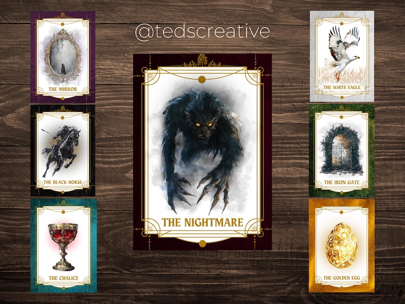 Pode incluir: Um conjunto de cartas de arte fant&aacute;stica com ilustra&ccedil;&otilde;es e texto. As cartas apresentam um espelho, um cavalo negro, um c&aacute;lice, uma criatura de pesadelo, uma &aacute;guia branca, um port&atilde;o de ferro e um ovo dourado.