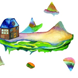 May include: A watercolor painting of a small brown house with a blue roof on a floating island. The island is surrounded by green and blue water and there are several other floating islands in the background.