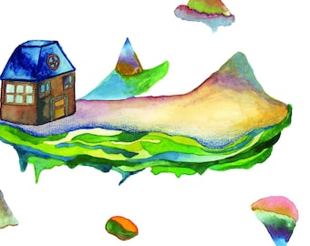May include: A watercolour painting of a small brown house with a blue roof on a floating island. The island is surrounded by green and blue water and there are several other floating islands in the background.