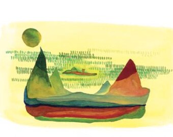 May include: A watercolour painting depicting a landscape with layered mountains in shades of green, blue, and red. A small boat with a figure floats on the water. A green sun is in the sky, and the background is a yellow wash.