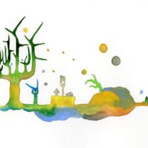 May include: Watercolor painting of a whimsical landscape. A large tree with green and yellow leaves stands next to a small blue creature. A yellow and blue island with a few structures is in the center, with colorful dots scattered around.