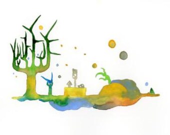 May include: Watercolor painting of a whimsical landscape. A large tree with green and yellow leaves stands next to a small blue creature. A yellow and blue island with a few structures is in the center, with colorful dots scattered around.