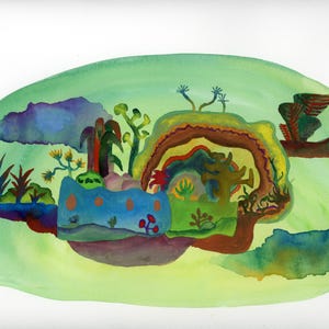 May include: Watercolor painting of a whimsical landscape with a green, blue, and brown color scheme. The painting features a variety of organic shapes and textures, including clouds, trees, and flowers.