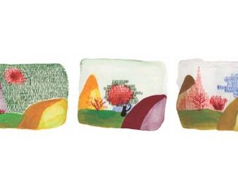 May include: Three rectangular watercolor paintings depicting stylized landscapes. Each features colorful hills, trees, and a sky. The artwork uses a variety of colors, including green, orange, red, and purple, with a white background.