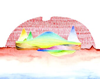 May include: Watercolour painting of a landscape with a red patterned sky, green and yellow hills, and blue mountains. The landscape is painted in a whimsical style.
