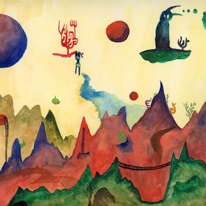 May include: A watercolor painting depicting a surreal landscape with a large blue orb, red and green orbs, and a black bird with a thought bubble. The landscape is made up of jagged mountains with a red bridge and a winding blue river.