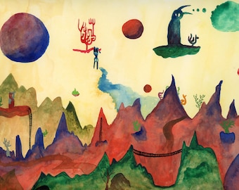 May include: A watercolor painting depicting a surreal landscape with a large blue orb, red and green orbs, and a black bird with a thought bubble. The landscape is made up of jagged mountains with a red bridge and a winding blue river.