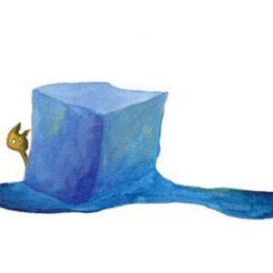 May include: Watercolor illustration of a blue top hat with a gold cat-shaped key peeking out from behind it. The hat has a long, flowing brim and a slightly tilted crown, set against a white background.