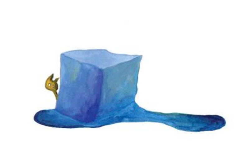 May include: Watercolor illustration of a blue top hat with a gold cat-shaped key peeking out from behind it. The hat has a long, flowing brim and a slightly tilted crown, set against a white background.