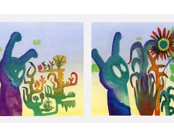 May include: Two watercolor paintings side-by-side. Each features a tall, blue, cartoon-like figure with large eyes. The left painting has colorful, abstract shapes. The right painting has flowers and more abstract shapes.
