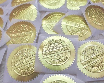 Nice List Approved Santa Stickers: Gold Embossed Foil Christmas Seals, Certified By Santa