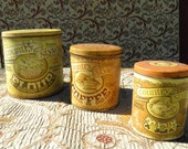 Rustic Ballonoff Canister Set - Vintage Tin Litho quot Country Style quot Kitchen Canister 3-PC Set - 1970s Retro