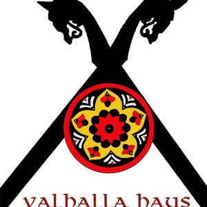 May include: Black silhouette of two crossed Viking ship prows with a red, black, and yellow circular design in the center. The text "VALHALLA haus" is written in red at the bottom of the image.