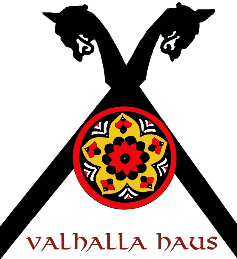 May include: Black silhouette of two crossed Viking ship prows with a red, black, and yellow circular design in the center. The text "VALHALLA haus" is written in red at the bottom of the image.