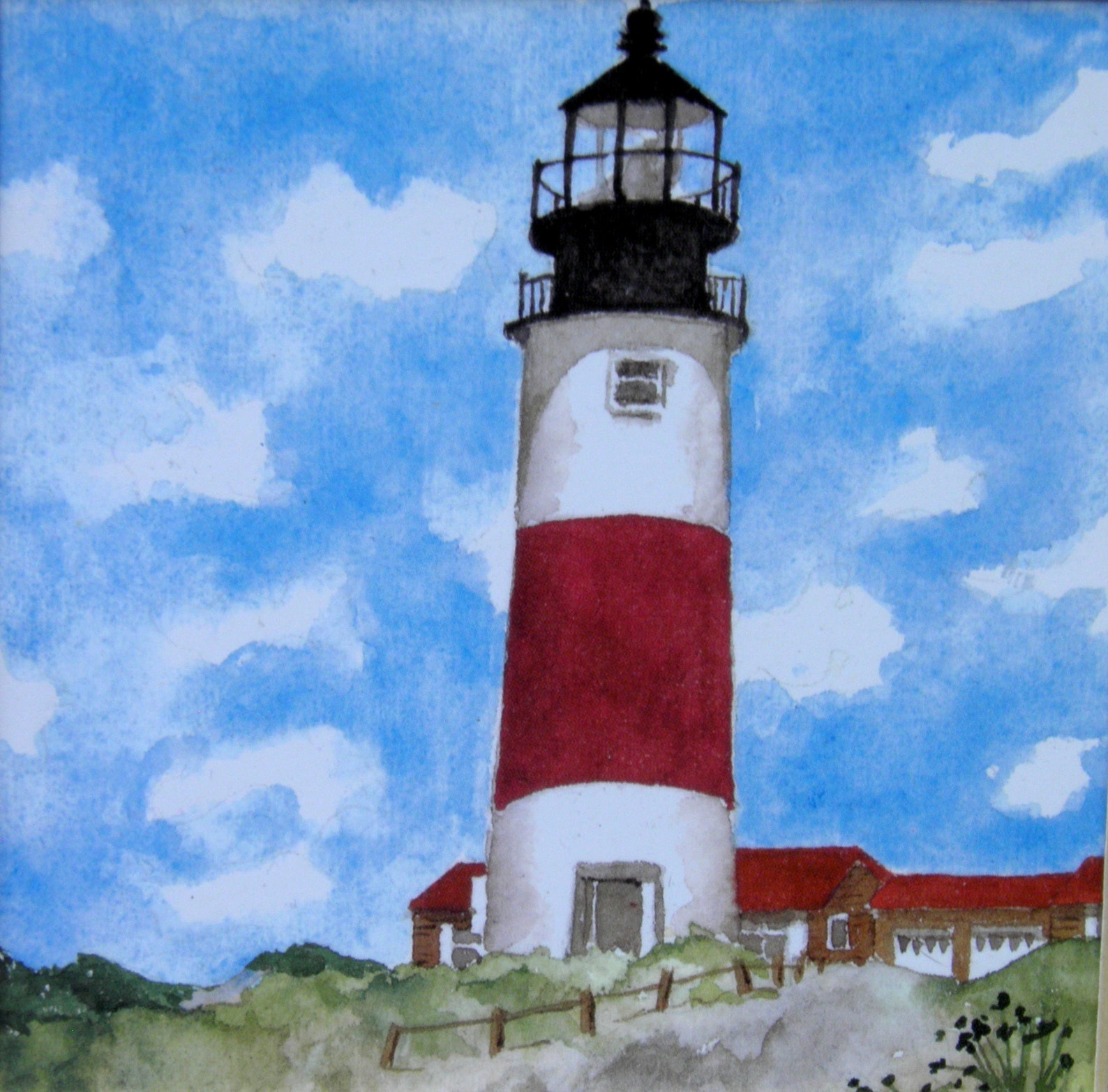 Lighthouse Watercolor Picture, Landscape Print, Pen & Ink Beach ...