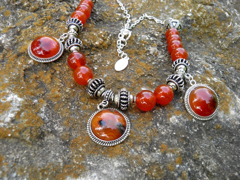 Carnelian Gemstone Beads 189 Carnelian Cabochon Pendant Necklace Artisan Handcrafted Gemstone Necklace Bali Sterling Silver Beads