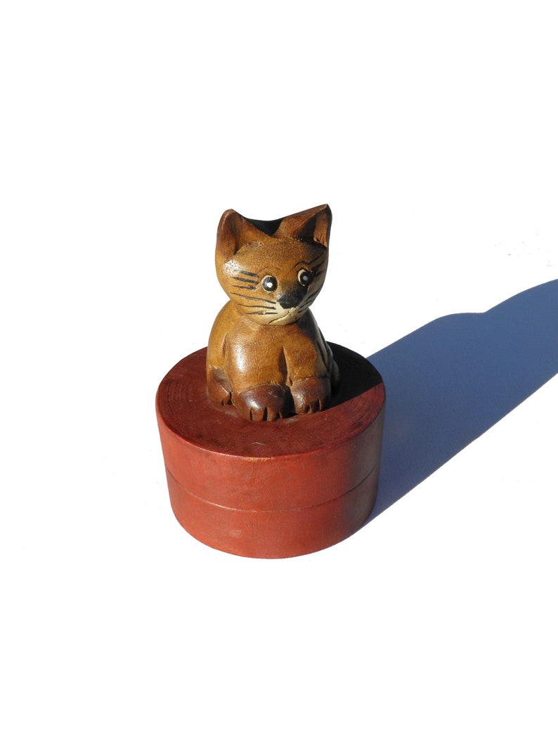 Feline Folk Art Treasure Jewelry Box Wooden Carved Cat Ring Box Pet Home Decor, Round Wood Trinket Box Catta-Palooza Kitty Sculpture