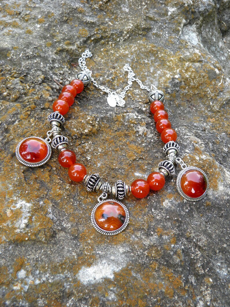 Carnelian Gemstone Beads 189 Carnelian Cabochon Pendant Necklace Artisan Handcrafted Gemstone Necklace Bali Sterling Silver Beads