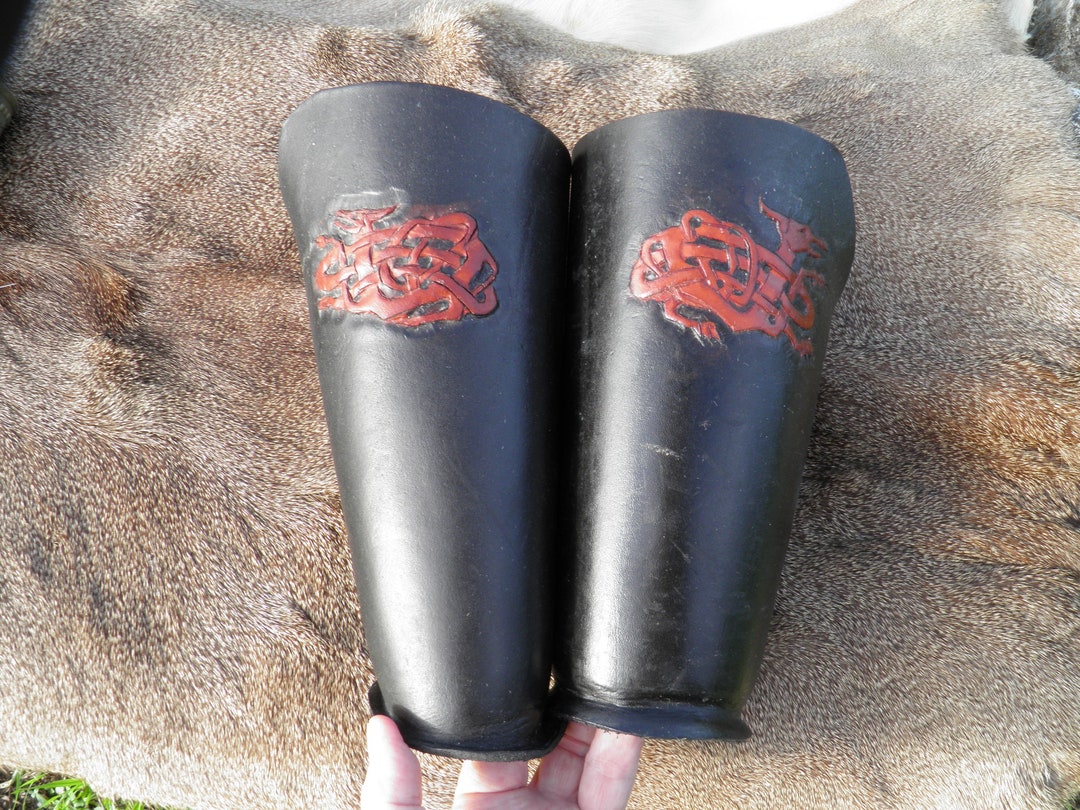 Thick Hard Leather Costume Vambraces Armor, Medieval Viking Hand Carved