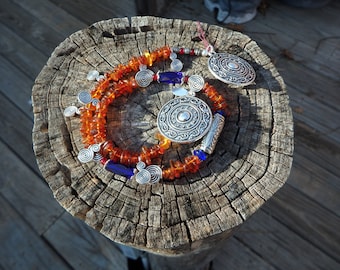 160 Viking Women's One Strand Brooch Chain No. 24, Norse Inspired Apron Dress Brooch Pins, Amber, Cobalt, Tibetan Silver Swirls