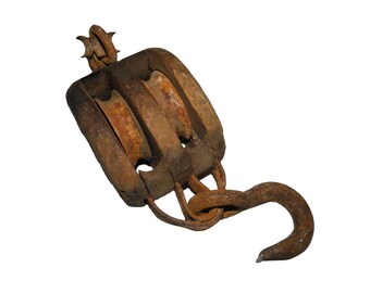 Primitive Large Antique Wooden Barn Double Pulley w/Hook, Porch Plant Hanger, Nautical Décor, Paper Weight, Rustic Industrial Barn Find