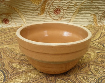 1920's Antique Yellow Ware Beehive Mixing Bowl, Caramel Glazed Stoneware, 5" Inch USA, Primitive Farmhouse Décor, Wide Collar Ribbed Bowl