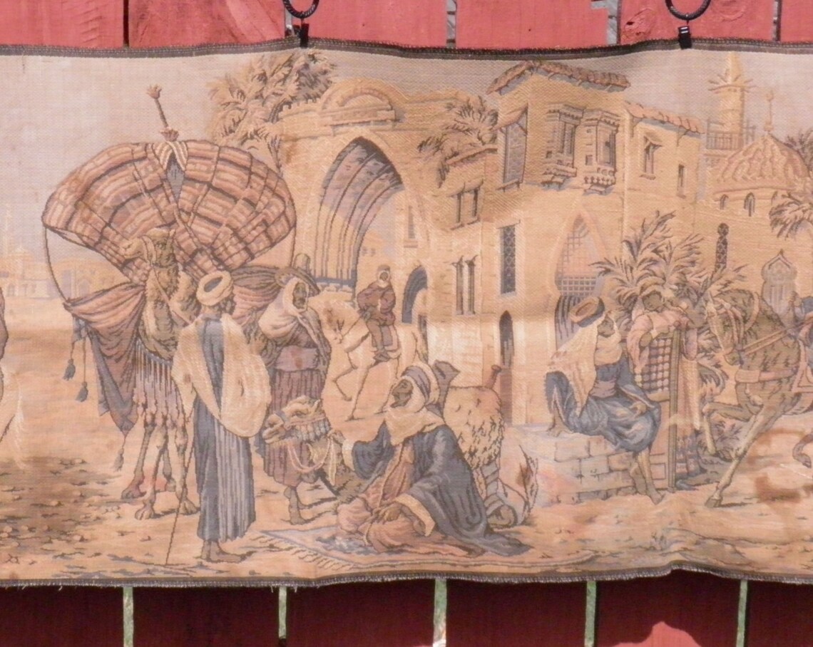 Antique Tapestry Textile Arabian Motif Marketplace Scene Etsy
