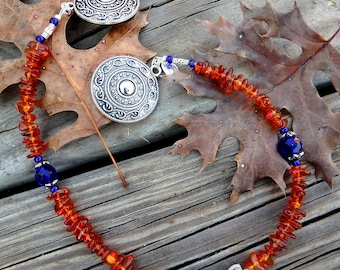 161 Viking Women's Strand Brooch Chain No. 25, Norse Inspired Apron Dress Brooch Pins, Cobalt, Tibetan Silver Swirls Viking Brooch Chain