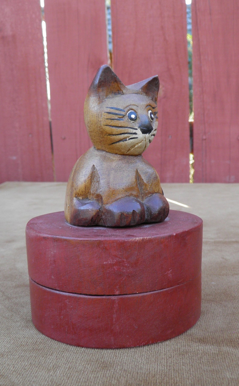 Feline Folk Art Treasure Jewelry Box Wooden Carved Cat Ring Box Pet Home Decor, Round Wood Trinket Box Catta-Palooza Kitty Sculpture