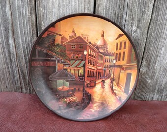 French Parisian Style Decorative Wall Plate, Home Décor, Rainy Paris Street, Rich Jewel Tone Plate, French Restaurant Theme Décor No. 2