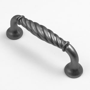 May include: A dark gray cabinet pull with a twisted rope design. The handle has a curved shape with circular bases at each end. The hardware is made of metal and is designed for furniture.