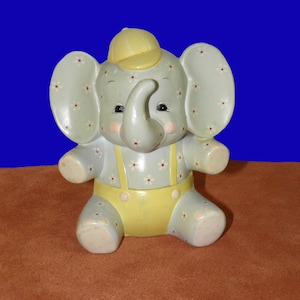 Infant Nursery Decor Elephant Piggy Bank, Vtg Ceramic Child’s Coin Money Bank, Zoomorphic Baby Elephant Bank, Boy&#39;s Piggy Bank, 1983 Enesco