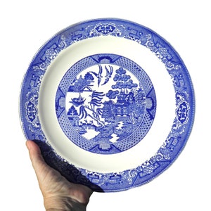 May include: A round, white and blue Willow pattern plate. The plate features a central blue landscape scene with birds, trees, and buildings. The rim has a detailed blue border. The plate is held by a hand.