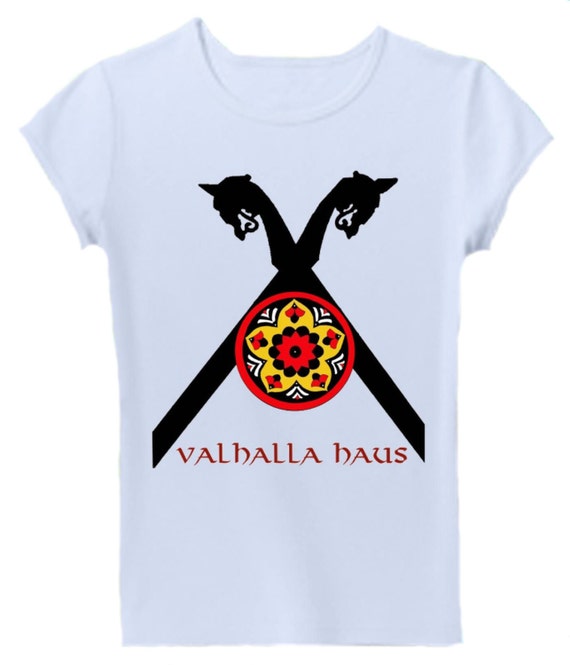 Women's Viking Logo T-Shirt with Large Crossed Dragon & Shield - 100% Soft Cotton - Short Cap Sleeves