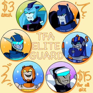 Op de afbeelding: Ronde cartoonportretten van Transformers-personages, waaronder Blurr en Ultra Magnus. De tekst "TFA ELITE GUARD" staat in het midden. De illustratie maakt gebruik van heldere kleuren en een gestileerde stijl.
