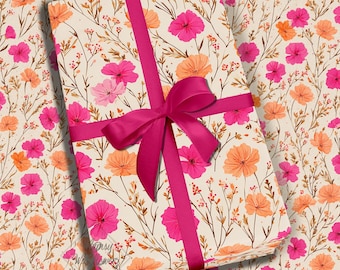 Papel de regalo con flores silvestres rosas y naranjas, vibrante diseño floral, estampado botánico estético para cumpleaños y regalos de primavera.