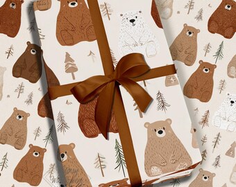 Cute Forest Bear Wrapping Paper Whimsical Woodland Gift Wrap for Kids and Baby Showers