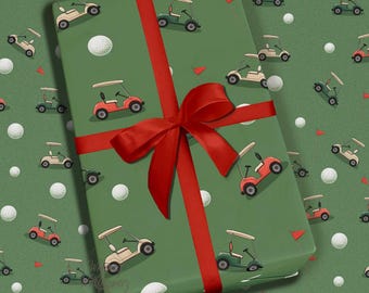 Retro Golf Cart Geschenkpapier Golfball und Flagge Muster Grün Sport Geschenkverpackung für Geburtstage und Vatertag