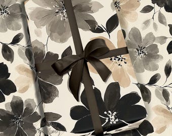 Neutral Floral Wrapping Paper in Tan Grey and Black Botanical Gift Wrap for Weddings and Birthdays