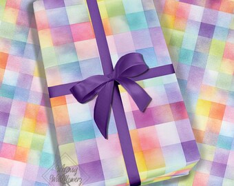 Pastel Rainbow Check Pattern Wrapping Paper Colorful Plaid Birthday Gift Wrap