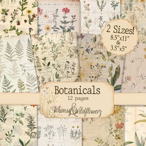 12 páginas de scrapbook de diário botânico vintage - download instantâneo, designs florais envelhecidos para artesanato, scrapbooking e projetos DIY