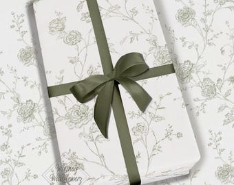 Papel de regalo Toile verde salvia / Papel de regalo floral vintage / Elegante estampado botánico