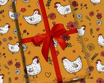 Papel de regalo con diseño floral de pollo caprichoso / Papel de regalo con diseño de animales de granja