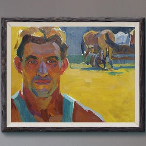 Pintura original vintage del artista ucraniano Р.Кутняк, pintura al óleo, género, pintura vintage, impresionismo, pintura UA, artes, hombre, caballos, puesto
