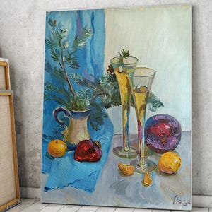 Vintage original painting Ukrainian artist N.Loza &quot;Happy New Year&quot; oil painting,impressionism,still life,champagne,glass,fruits,fir tree,art