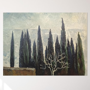 VINTAGE ORIGINAL PAINTING. &quot;thuja&quot; Ukrainian artist Korobova N.V, large oil painting, 1982, landscape, impressionism,Soviet painting,impasto