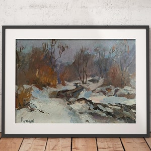 tableau original vintage « River » artiste ukrainien Р.Кутняк peinture à l'huile, paysage, peinture vintage, impressionnisme, peinture UA, rivière, hiver